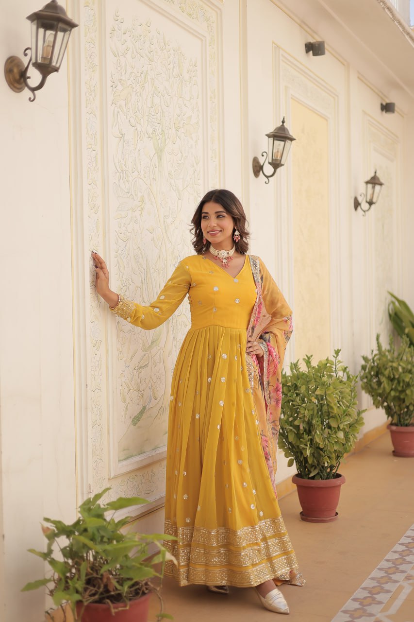 Entrancing Faux Georgette Zari Sequins Worked Designer Gown - Ethnicwish