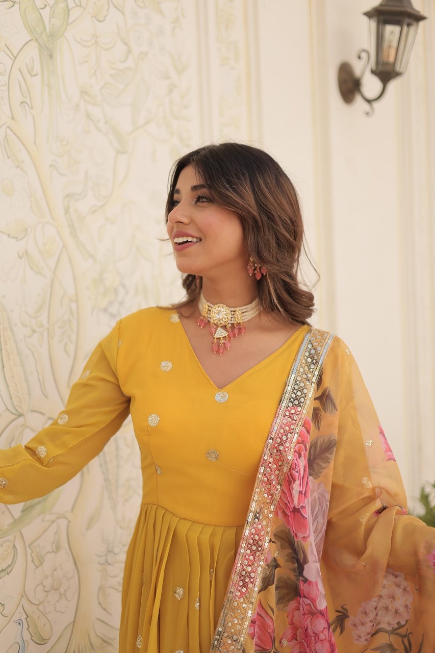 Entrancing Faux Georgette Zari Sequins Worked Designer Gown - Ethnicwish