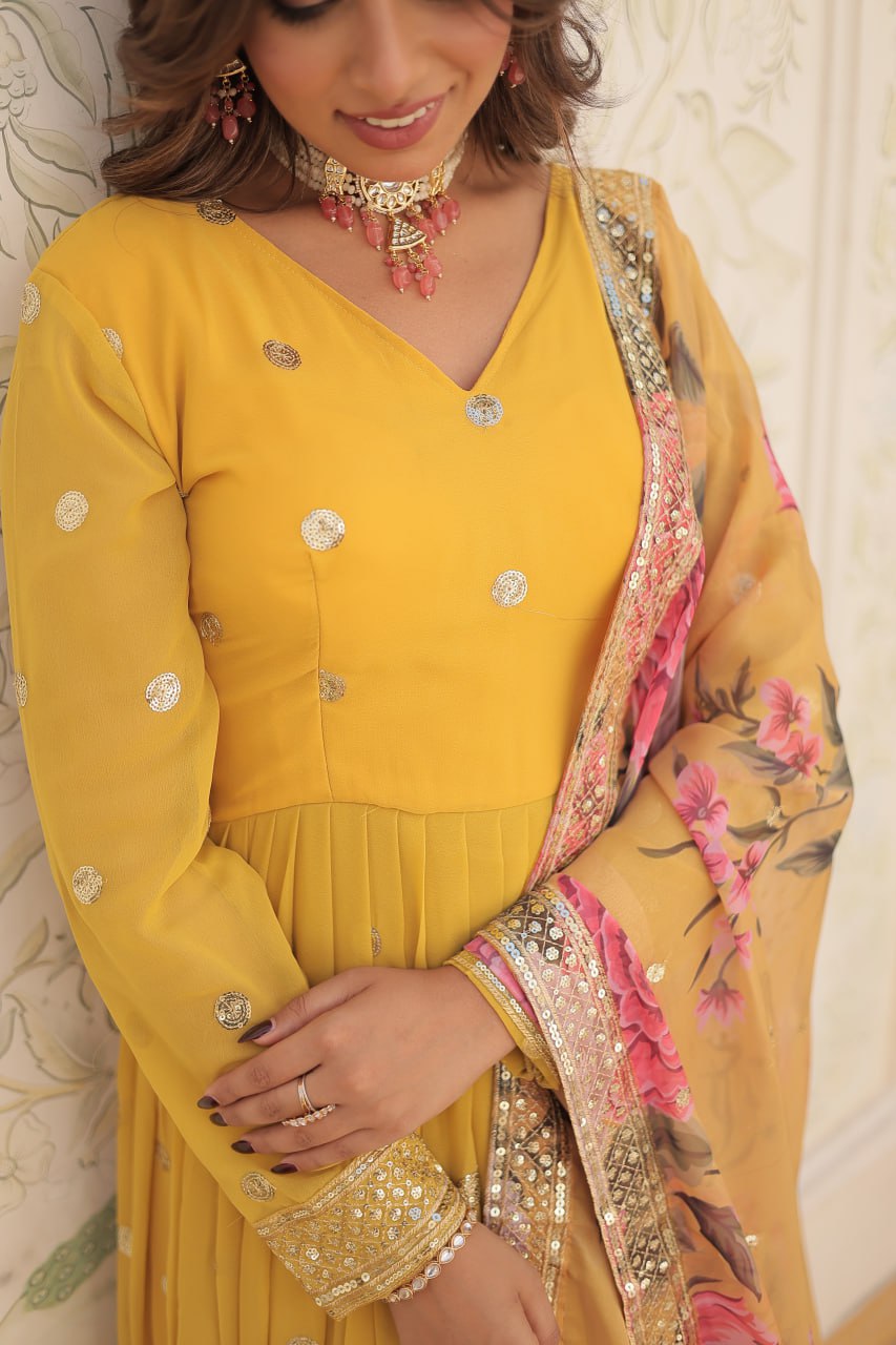 Entrancing Faux Georgette Zari Sequins Worked Designer Gown - Ethnicwish