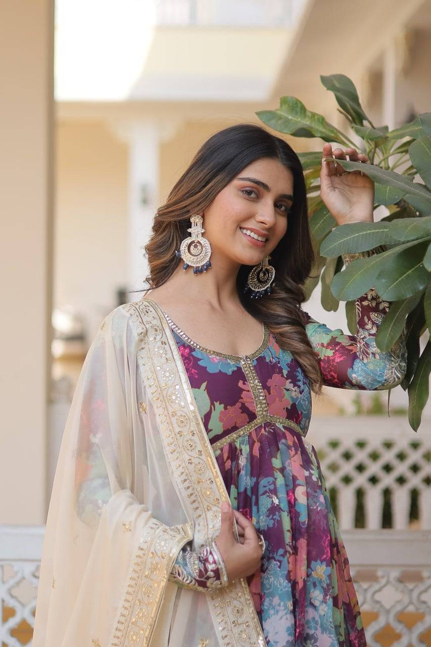 Ravishing Russian Silk Zari Sequins Worked Gown With Dupatta - Ethnicwish