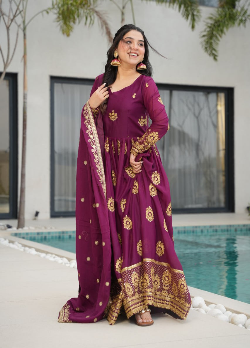 Star Georgette Zari Sequins Embroidered Gown Set With Designer Dupatta - ETHNICDEAL