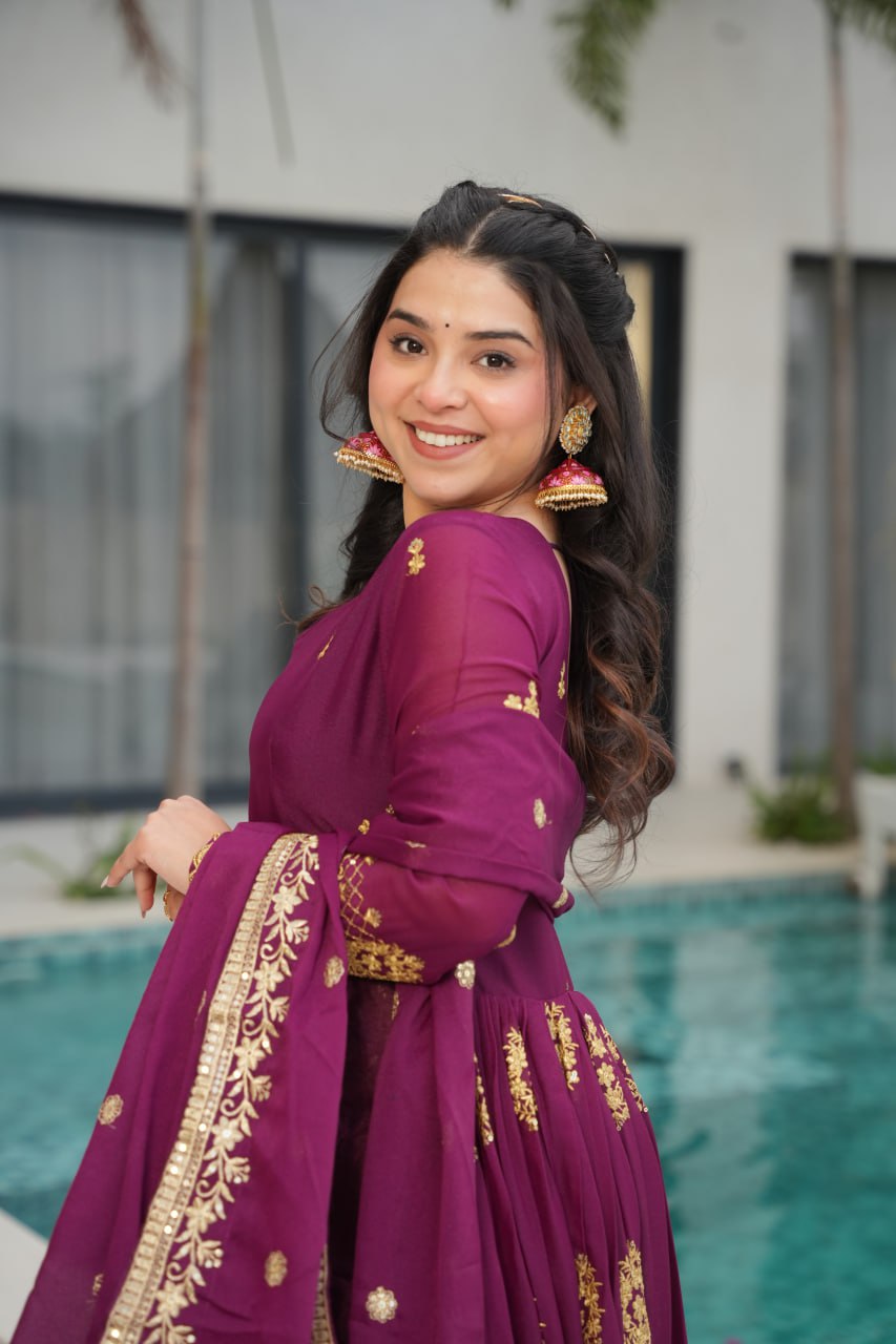 Star Georgette Zari Sequins Embroidered Gown Set With Designer Dupatta - ETHNICDEAL