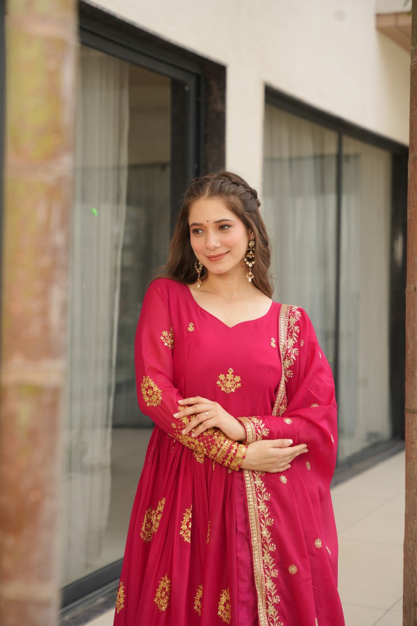 Star Georgette Zari Sequins Embroidered Gown Set With Designer Dupatta - ETHNICDEAL