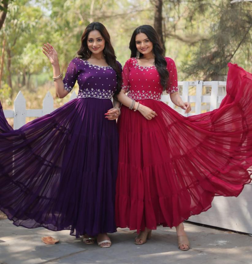 Stylish Faux Georgette Beads Embroidered Designer Gown - Ethnicwish