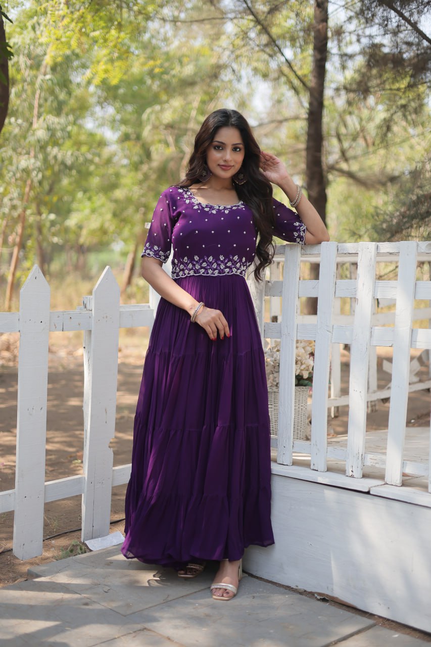 Stylish Faux Georgette Beads Embroidered Designer Gown - Ethnicwish