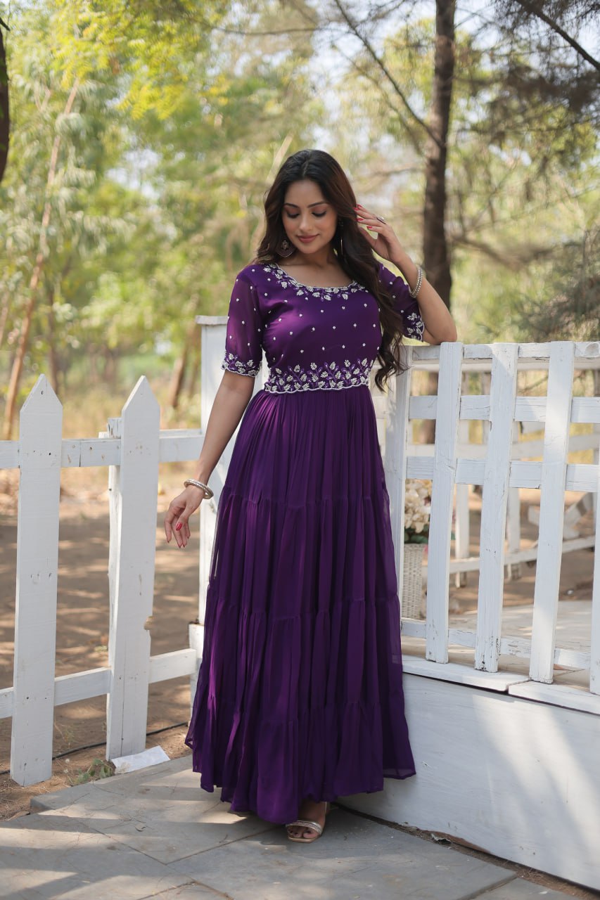 Stylish Faux Georgette Beads Embroidered Designer Gown - Ethnicwish