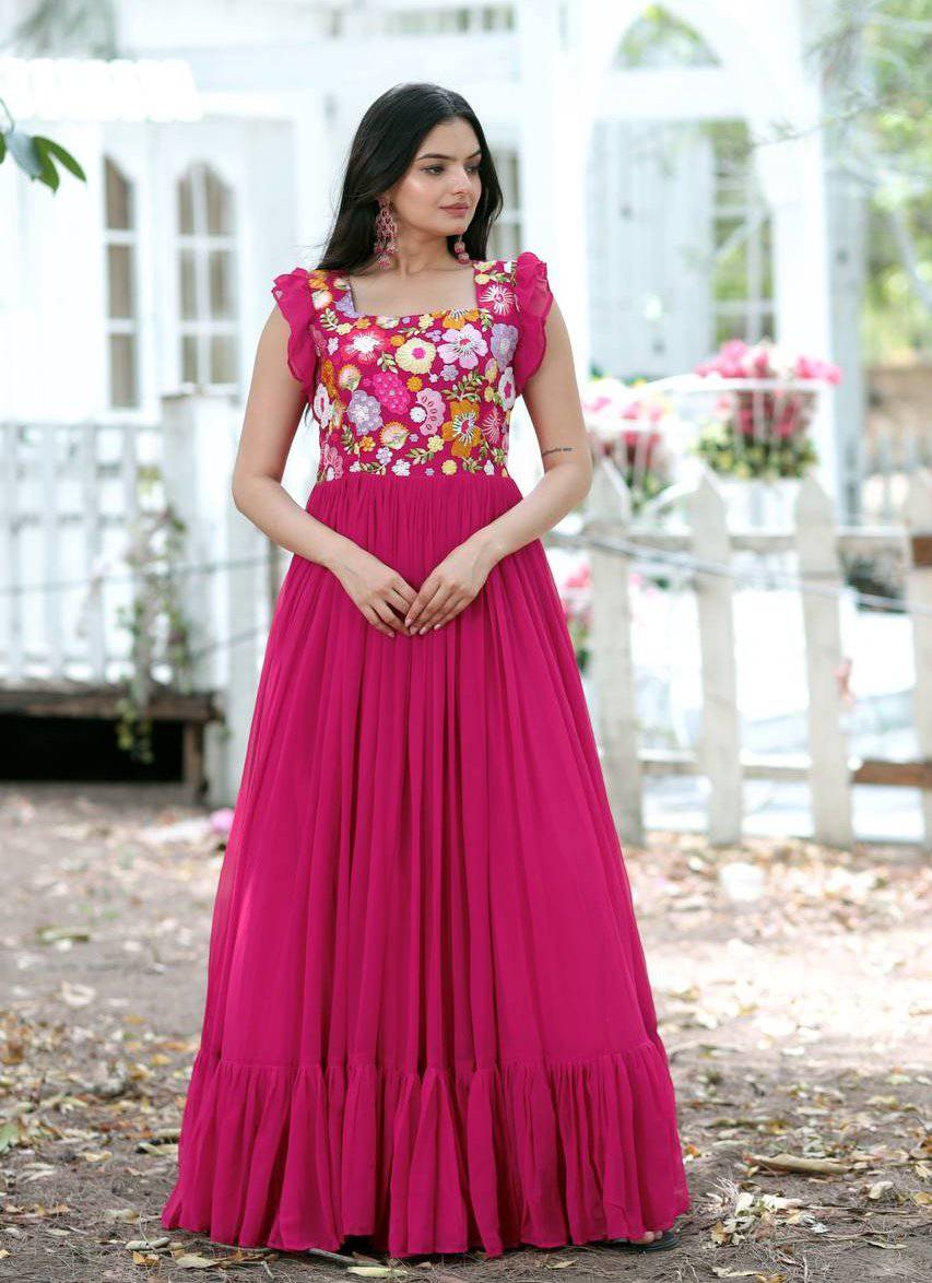 Gentle Faux Georgette Sequins Embroidered Fully Stitched Gown - Ethnicwish