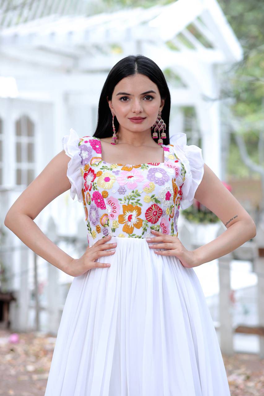 Gentle Faux Georgette Sequins Embroidered Fully Stitched Gown - Ethnicwish