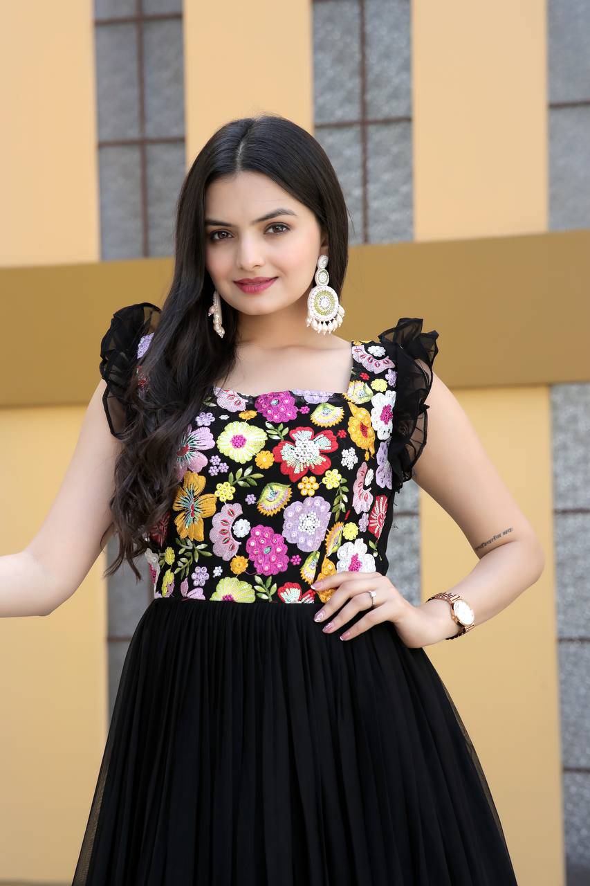 Gentle Faux Georgette Sequins Embroidered Fully Stitched Gown - Ethnicwish