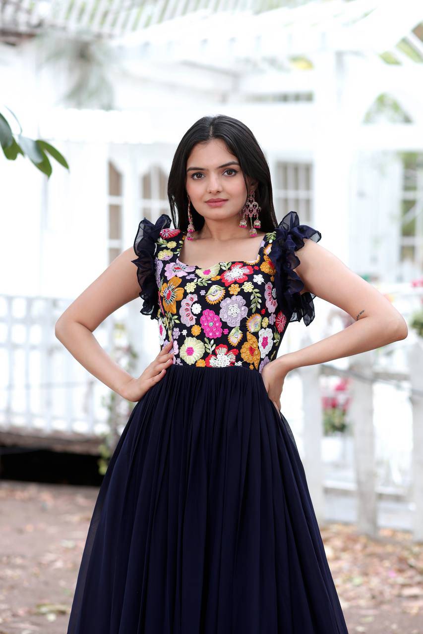 Gentle Faux Georgette Sequins Embroidered Fully Stitched Gown - Ethnicwish