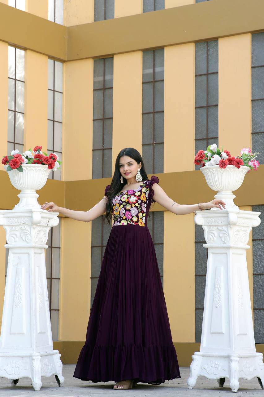 Gentle Faux Georgette Sequins Embroidered Fully Stitched Gown - Ethnicwish