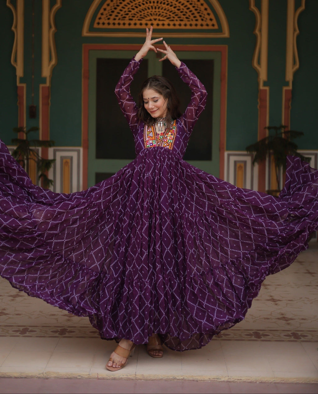 Bandhani Print Kutchi Patchwork Gown in Faux Georgette – Grand 12 Meter Flair - ETHNICDEAL