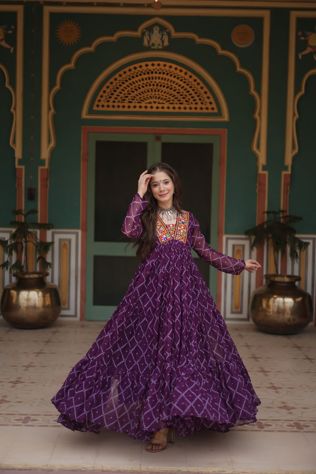 Bandhani Print Kutchi Patchwork Gown in Faux Georgette – Grand 12 Meter Flair - ETHNICDEAL