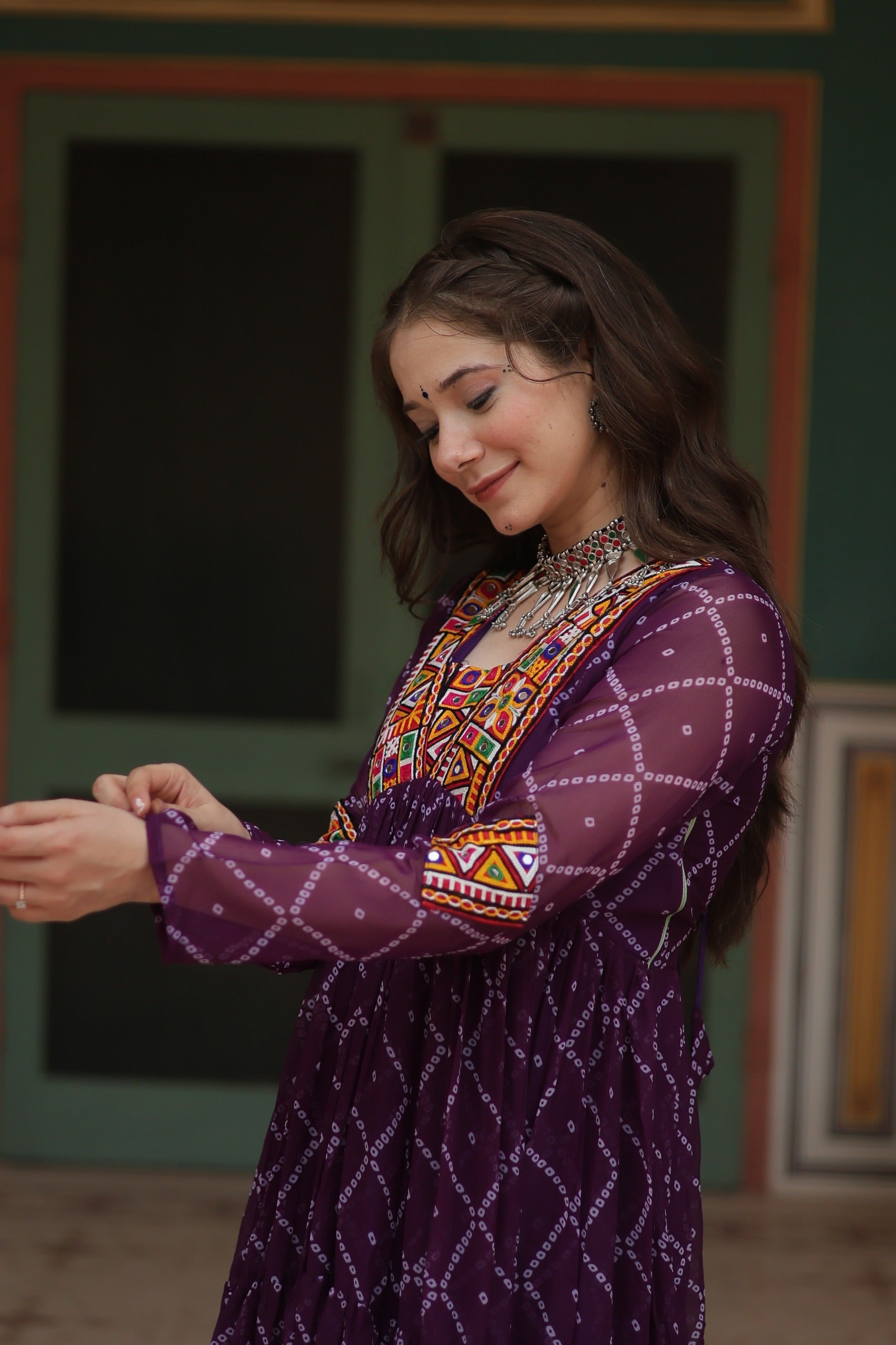 Bandhani Print Kutchi Patchwork Gown in Faux Georgette – Grand 12 Meter Flair - ETHNICDEAL