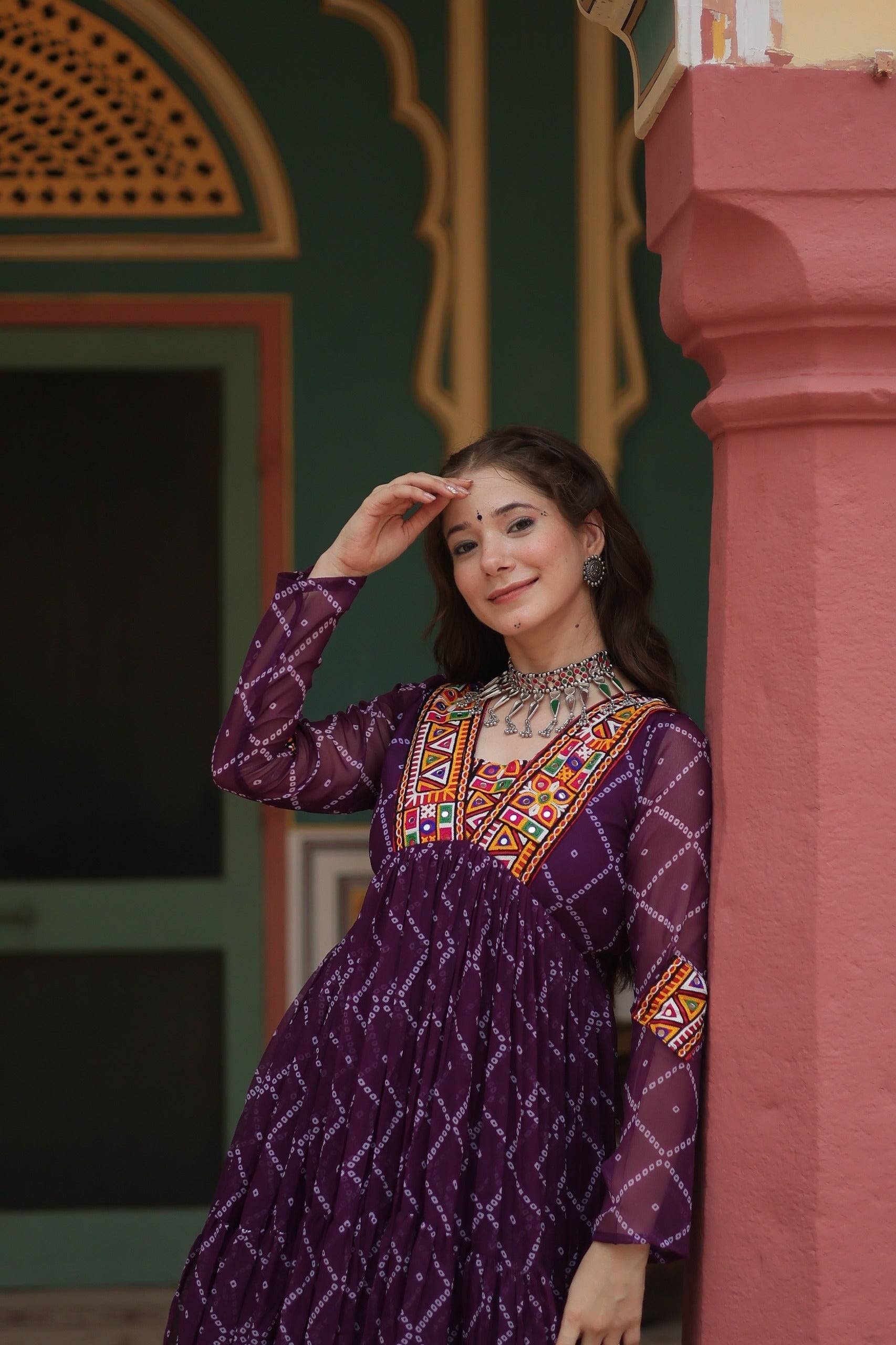 Bandhani Print Kutchi Patchwork Gown in Faux Georgette – Grand 12 Meter Flair - ETHNICDEAL