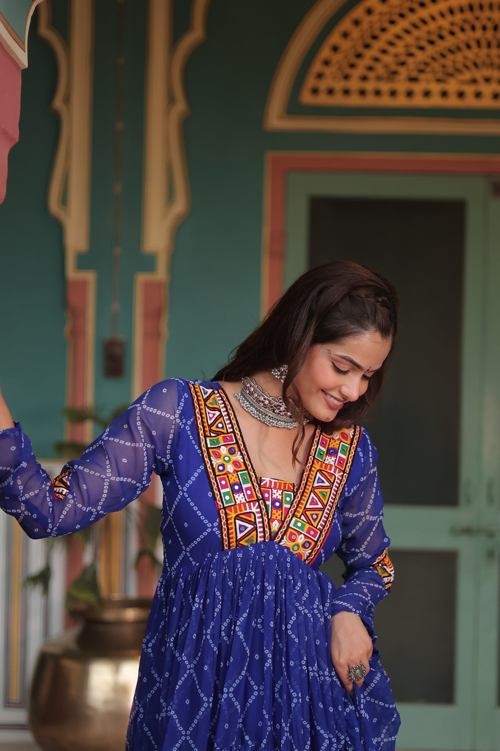 Bandhani Print Kutchi Patchwork Gown in Faux Georgette – Grand 12 Meter Flair - ETHNICDEAL