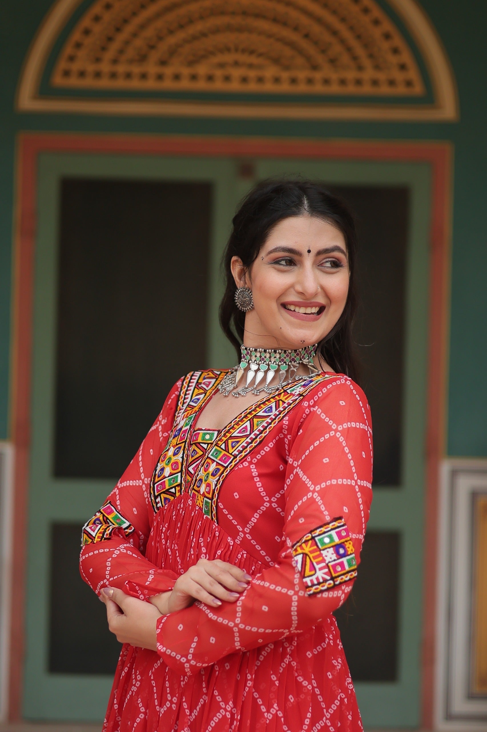 Bandhani Print Kutchi Patchwork Gown in Faux Georgette – Grand 12 Meter Flair - ETHNICDEAL