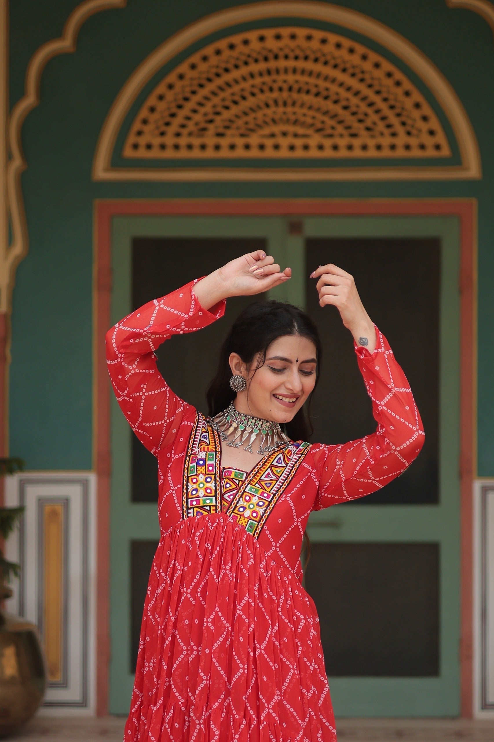 Bandhani Print Kutchi Patchwork Gown in Faux Georgette – Grand 12 Meter Flair - ETHNICDEAL