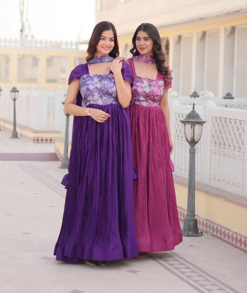 Appealing Chinon Position Printed Fully Stitched Gown With Dupatta - Ethnicwish