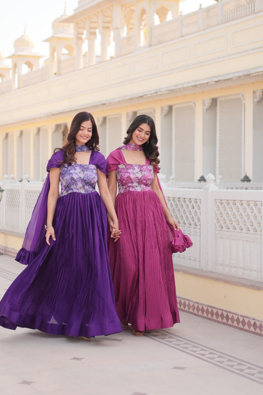 Appealing Chinon Position Printed Fully Stitched Gown With Dupatta - Ethnicwish