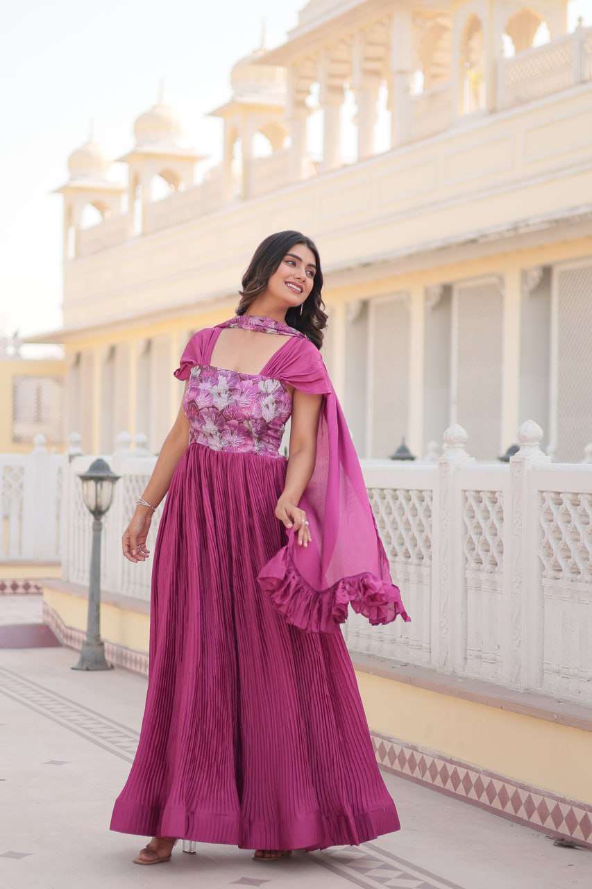 Appealing Chinon Position Printed Fully Stitched Gown With Dupatta - Ethnicwish