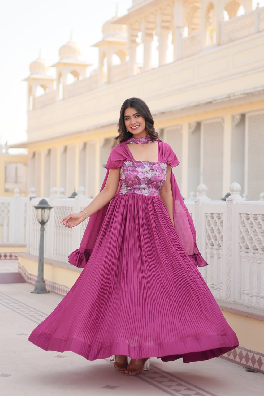 Appealing Chinon Position Printed Fully Stitched Gown With Dupatta - Ethnicwish