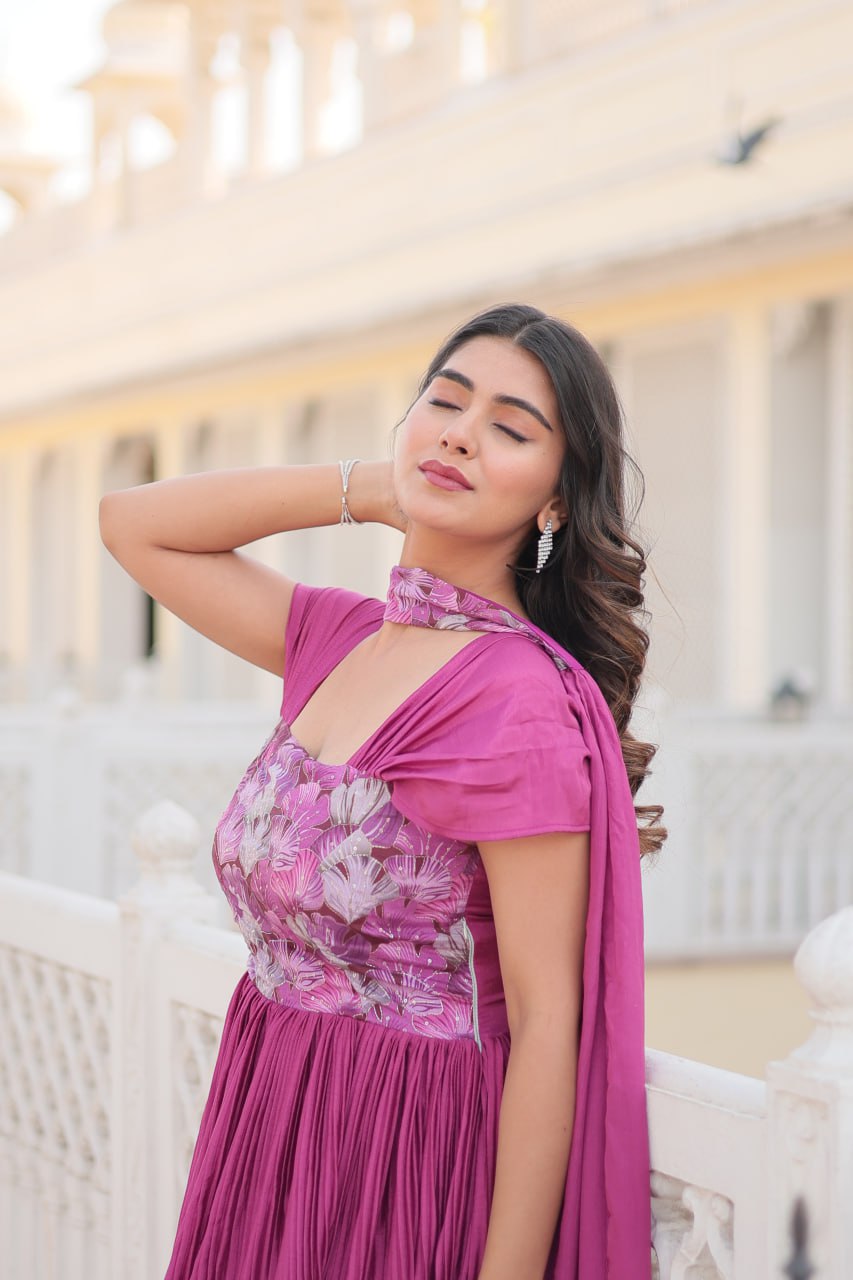 Appealing Chinon Position Printed Fully Stitched Gown With Dupatta - Ethnicwish