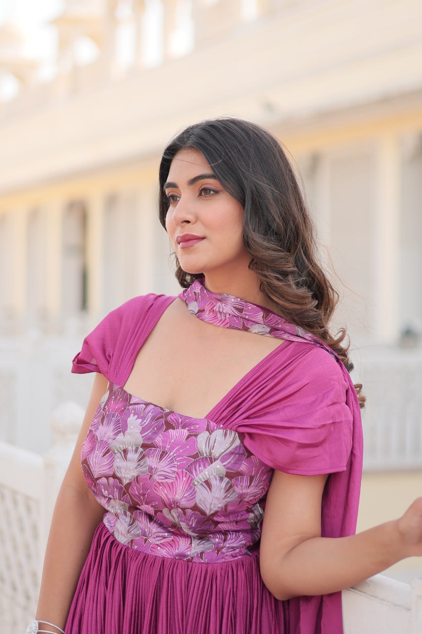 Appealing Chinon Position Printed Fully Stitched Gown With Dupatta - Ethnicwish