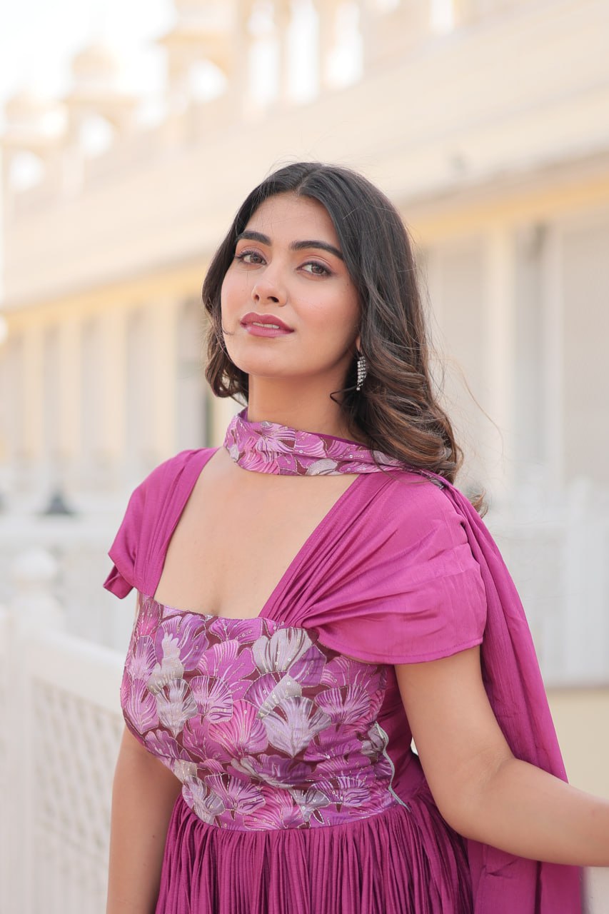 Appealing Chinon Position Printed Fully Stitched Gown With Dupatta - Ethnicwish