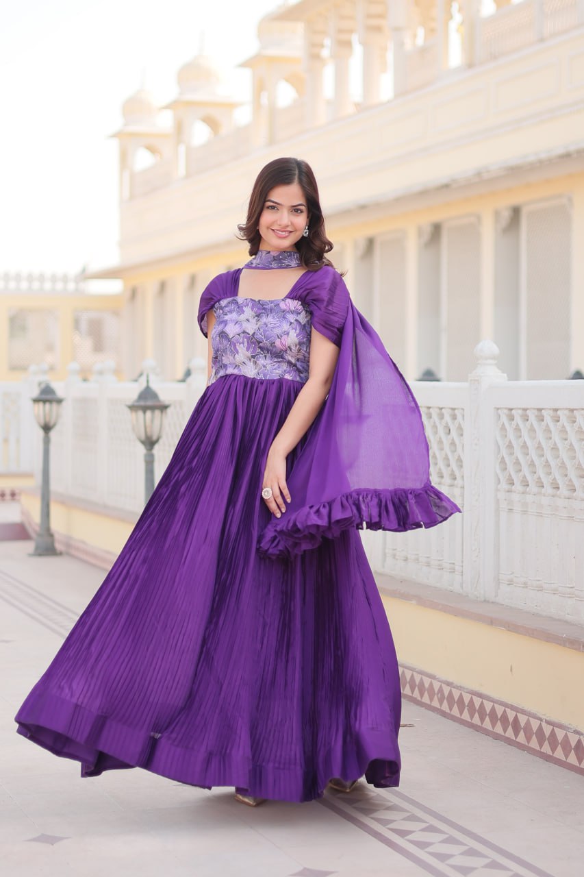 Appealing Chinon Position Printed Fully Stitched Gown With Dupatta - Ethnicwish