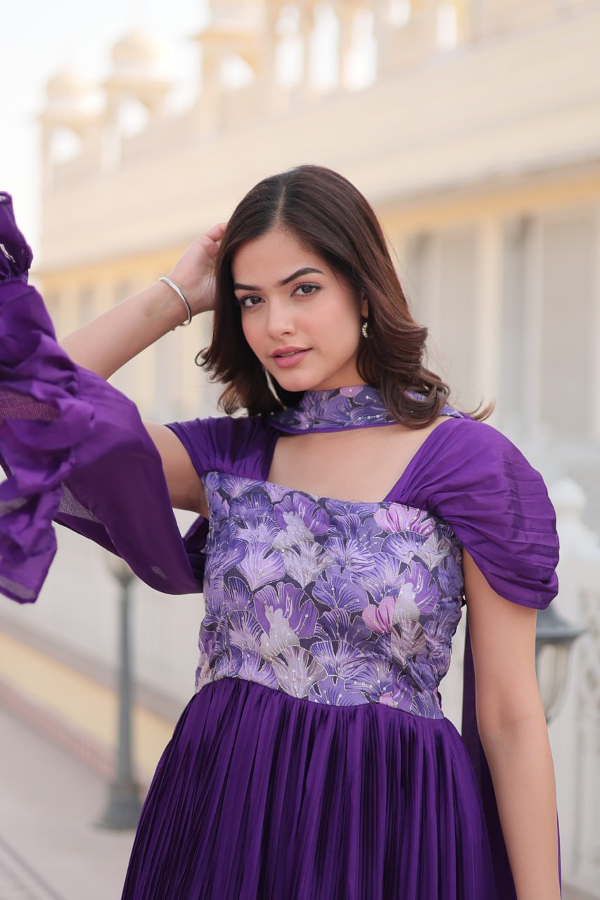 Appealing Chinon Position Printed Fully Stitched Gown With Dupatta - Ethnicwish