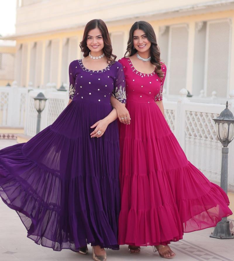 Beguiling Faux Georgette Zari Sequins Worked Designer Gown - Ethnicwish