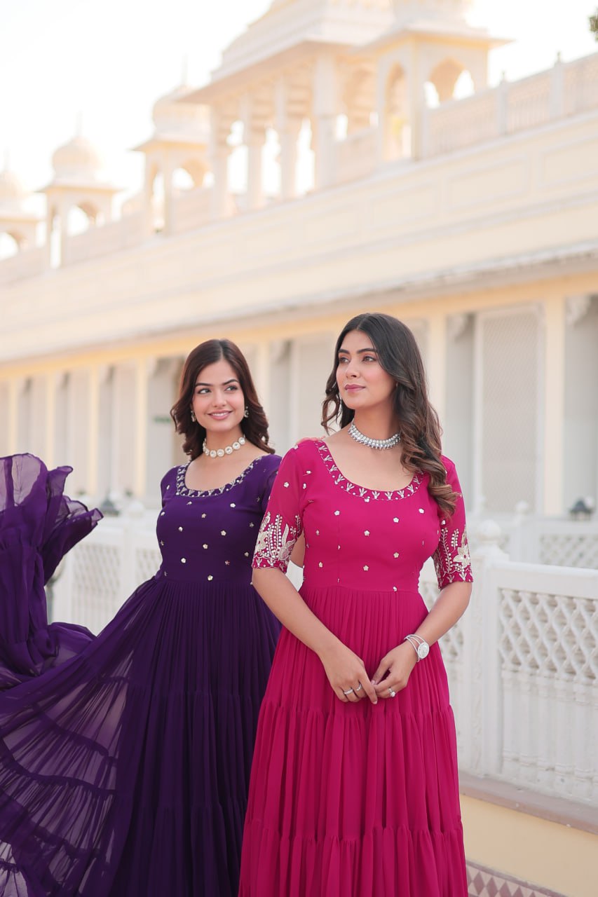 Beguiling Faux Georgette Zari Sequins Worked Designer Gown - Ethnicwish