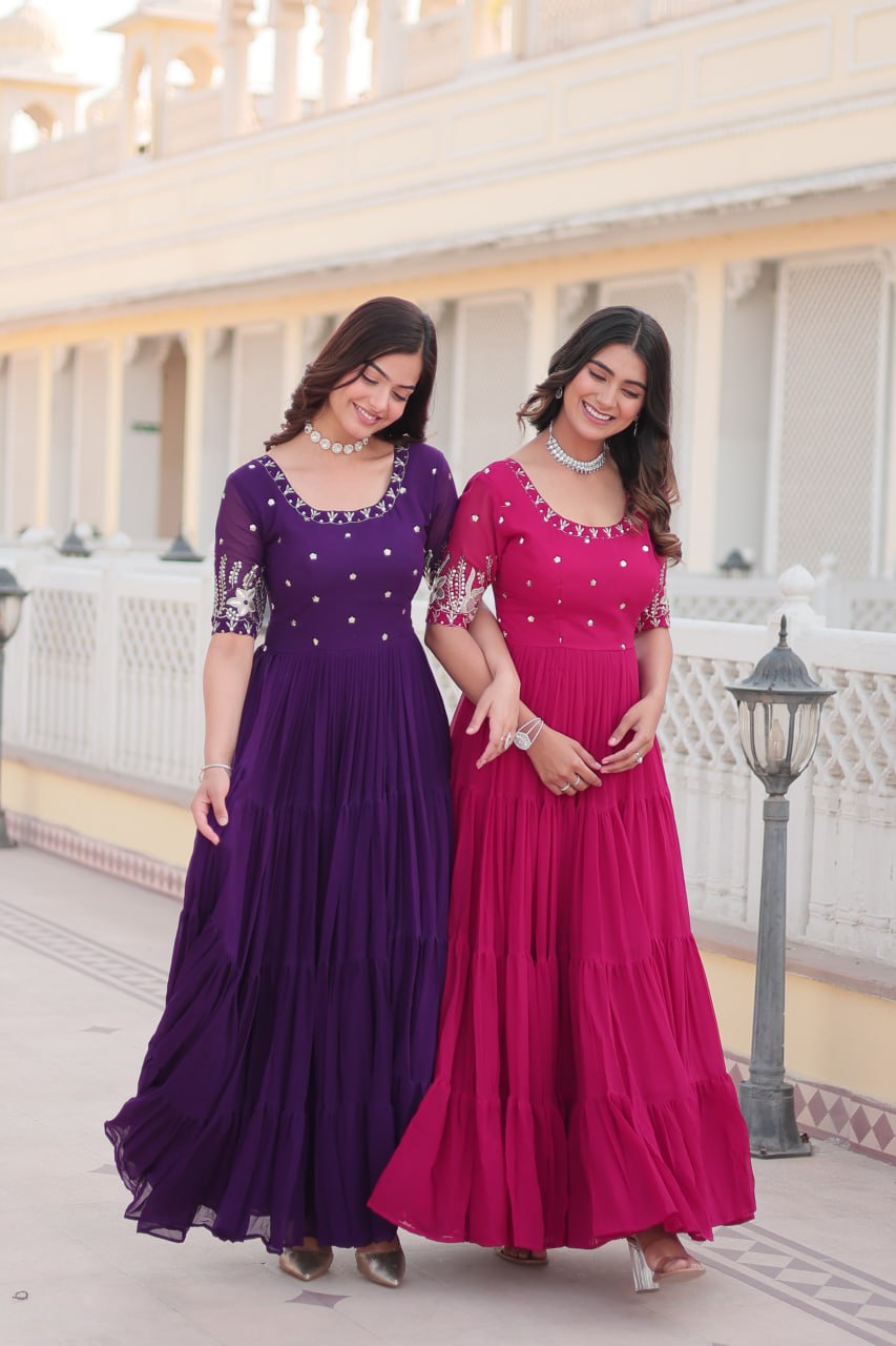 Beguiling Faux Georgette Zari Sequins Worked Designer Gown - Ethnicwish