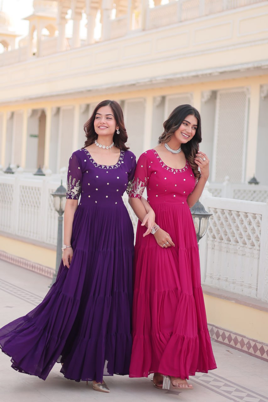 Beguiling Faux Georgette Zari Sequins Worked Designer Gown - Ethnicwish