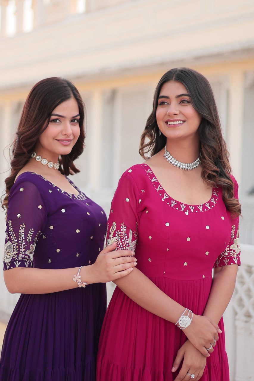 Beguiling Faux Georgette Zari Sequins Worked Designer Gown - Ethnicwish