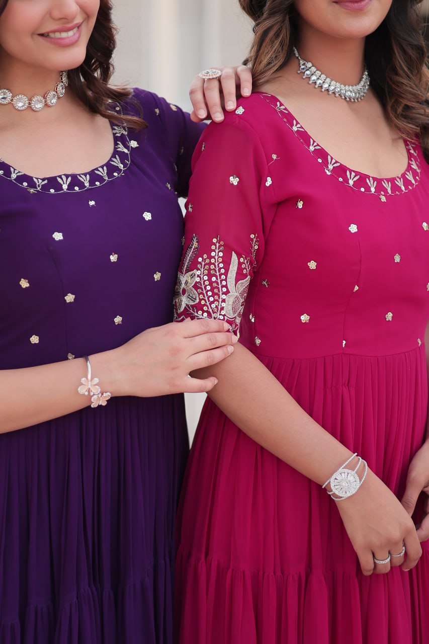 Beguiling Faux Georgette Zari Sequins Worked Designer Gown - Ethnicwish