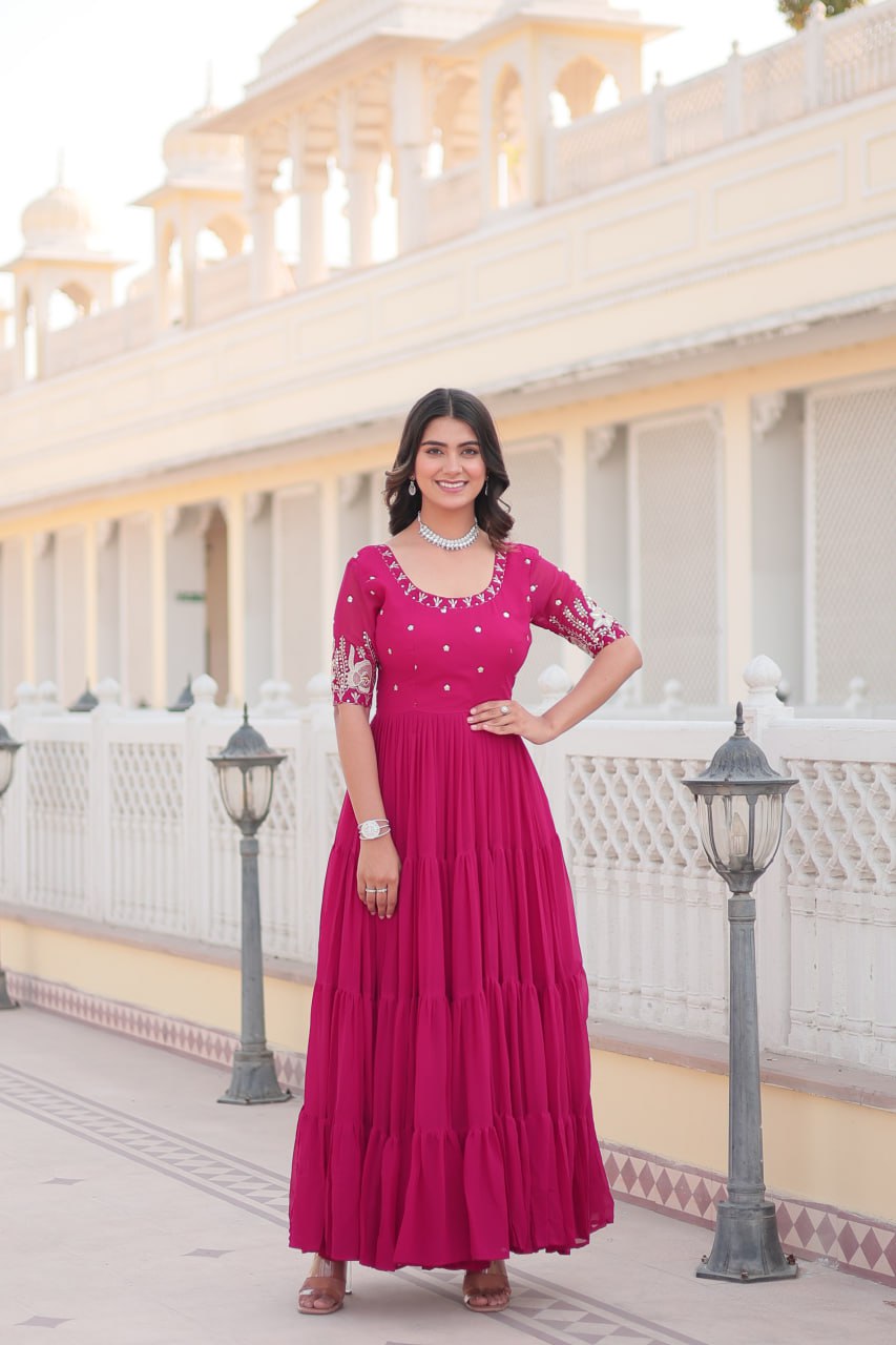 Beguiling Faux Georgette Zari Sequins Worked Designer Gown - Ethnicwish
