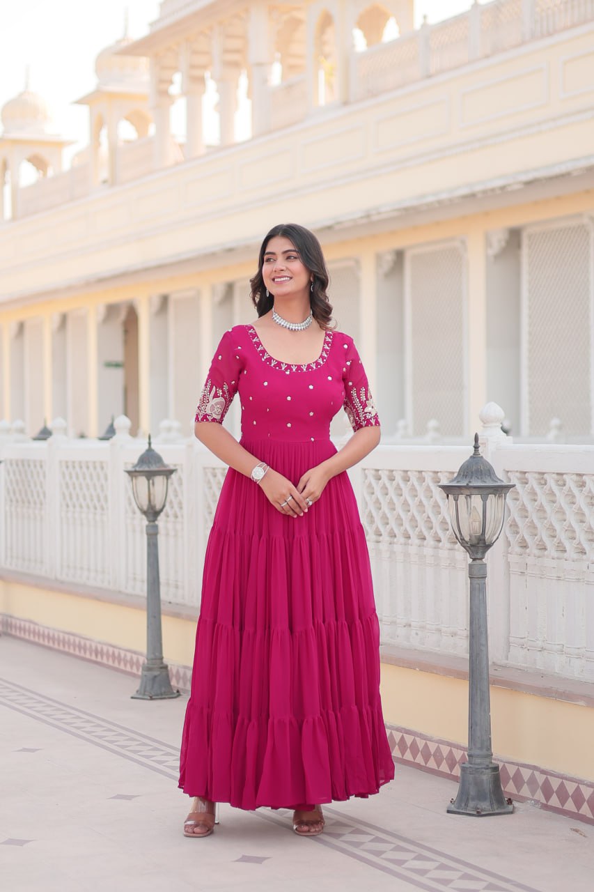 Beguiling Faux Georgette Zari Sequins Worked Designer Gown - Ethnicwish