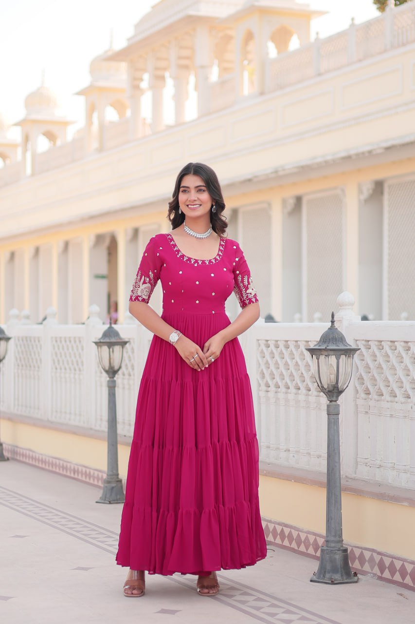Beguiling Faux Georgette Zari Sequins Worked Designer Gown - Ethnicwish