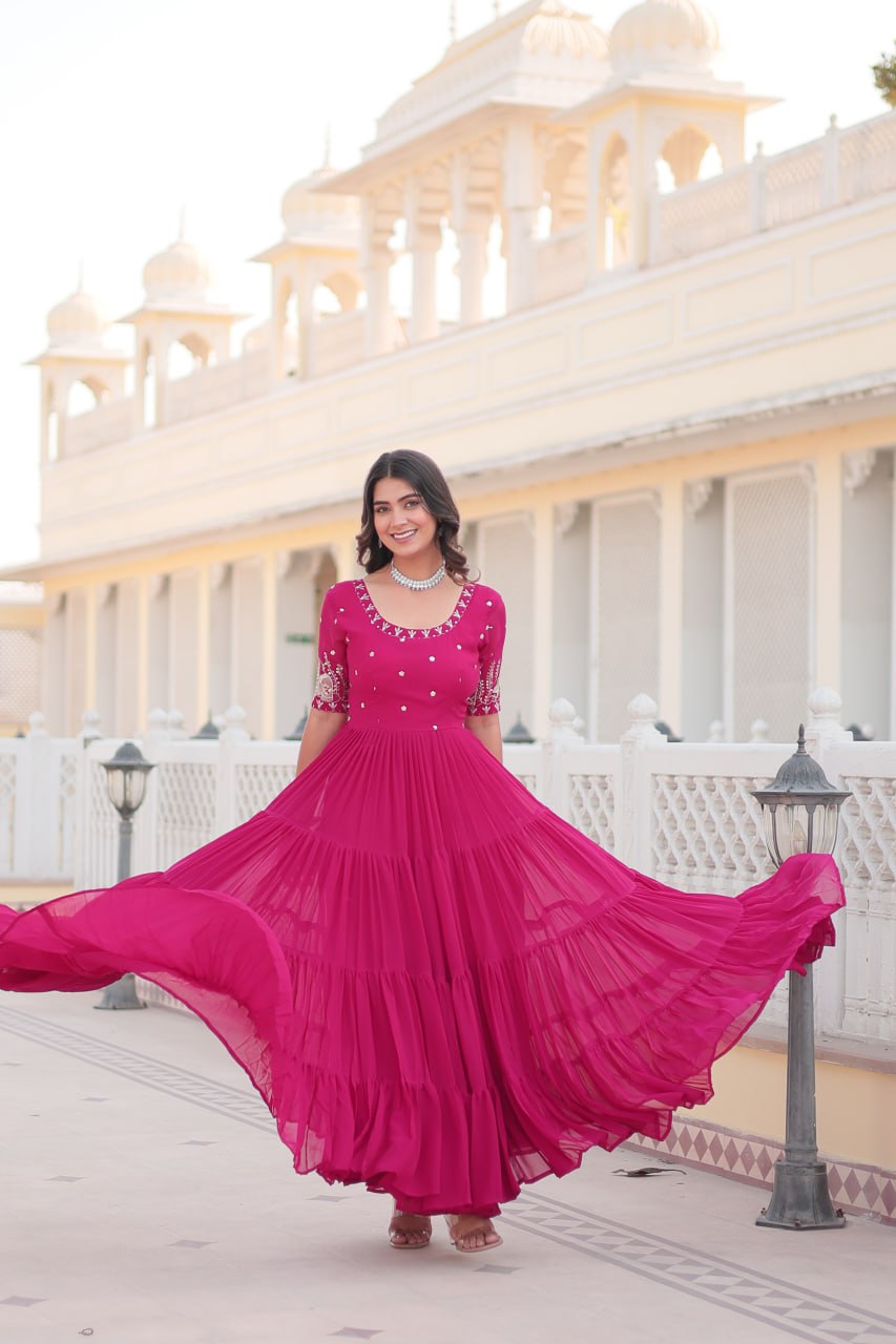 Beguiling Faux Georgette Zari Sequins Worked Designer Gown - Ethnicwish