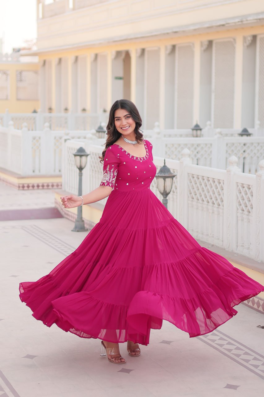 Beguiling Faux Georgette Zari Sequins Worked Designer Gown - Ethnicwish