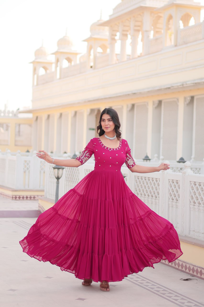 Beguiling Faux Georgette Zari Sequins Worked Designer Gown - Ethnicwish