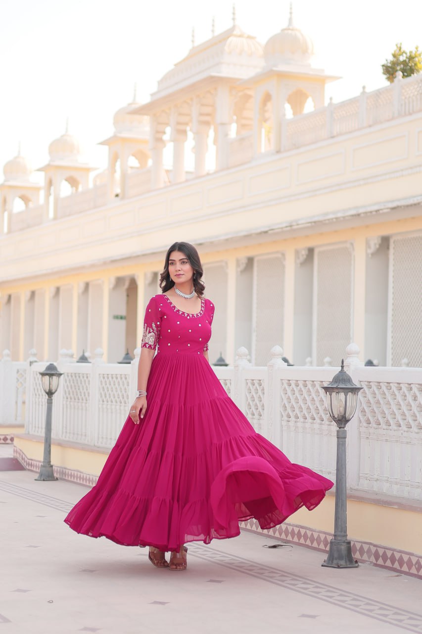 Beguiling Faux Georgette Zari Sequins Worked Designer Gown - Ethnicwish
