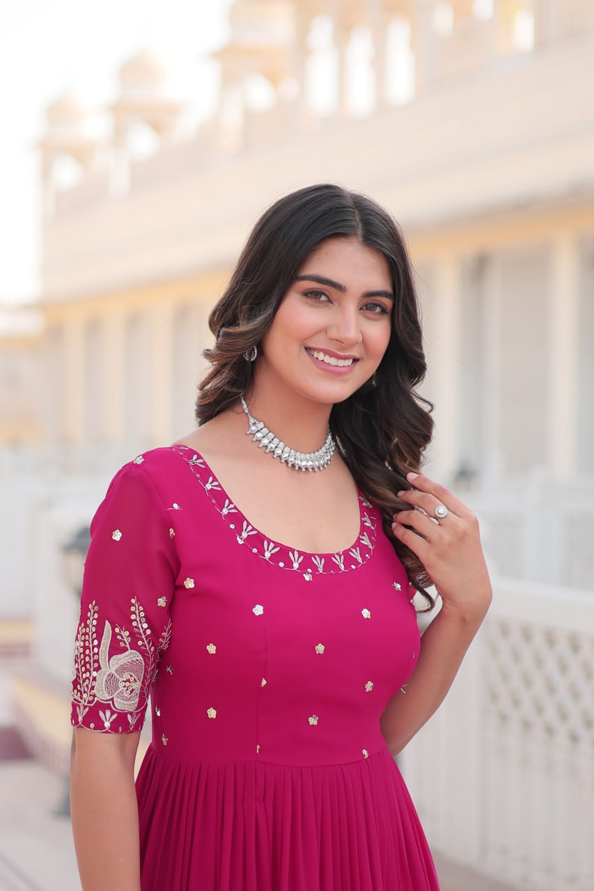 Beguiling Faux Georgette Zari Sequins Worked Designer Gown - Ethnicwish