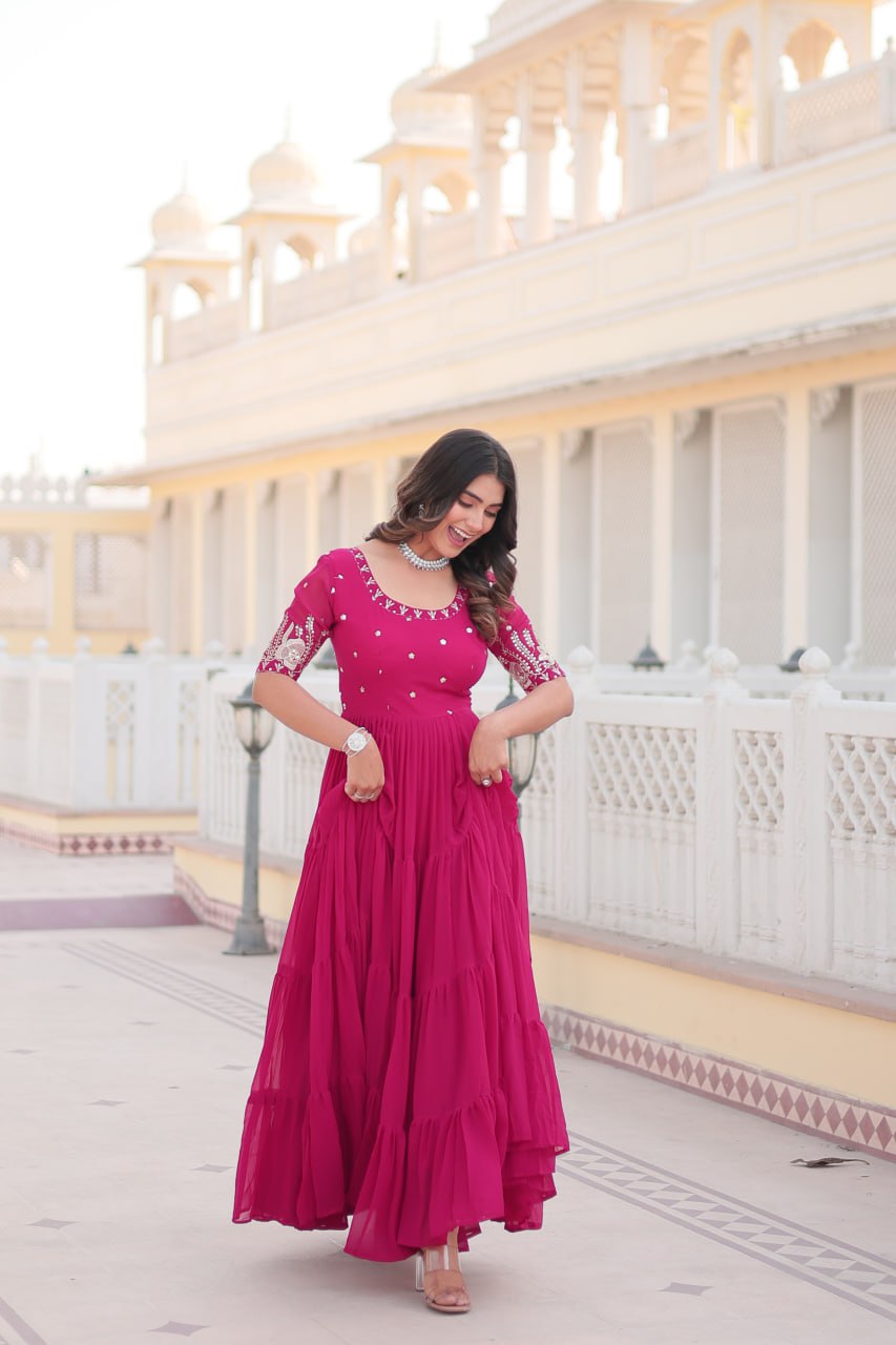 Beguiling Faux Georgette Zari Sequins Worked Designer Gown - Ethnicwish