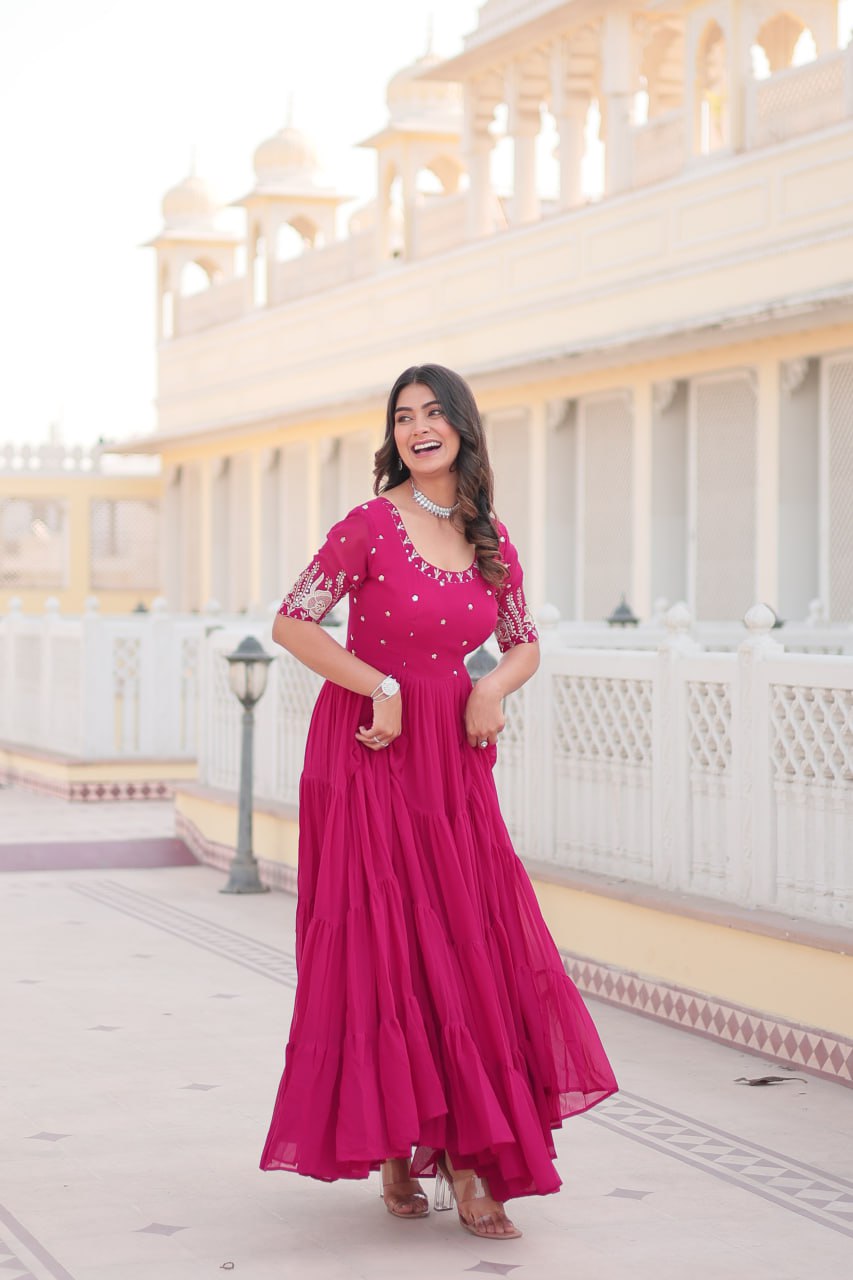 Beguiling Faux Georgette Zari Sequins Worked Designer Gown - Ethnicwish