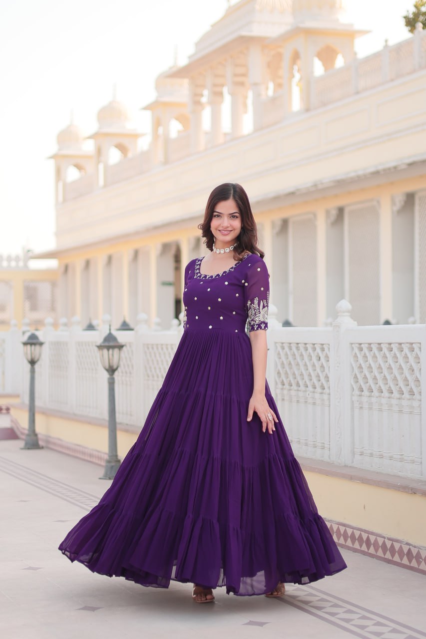 Beguiling Faux Georgette Zari Sequins Worked Designer Gown - Ethnicwish