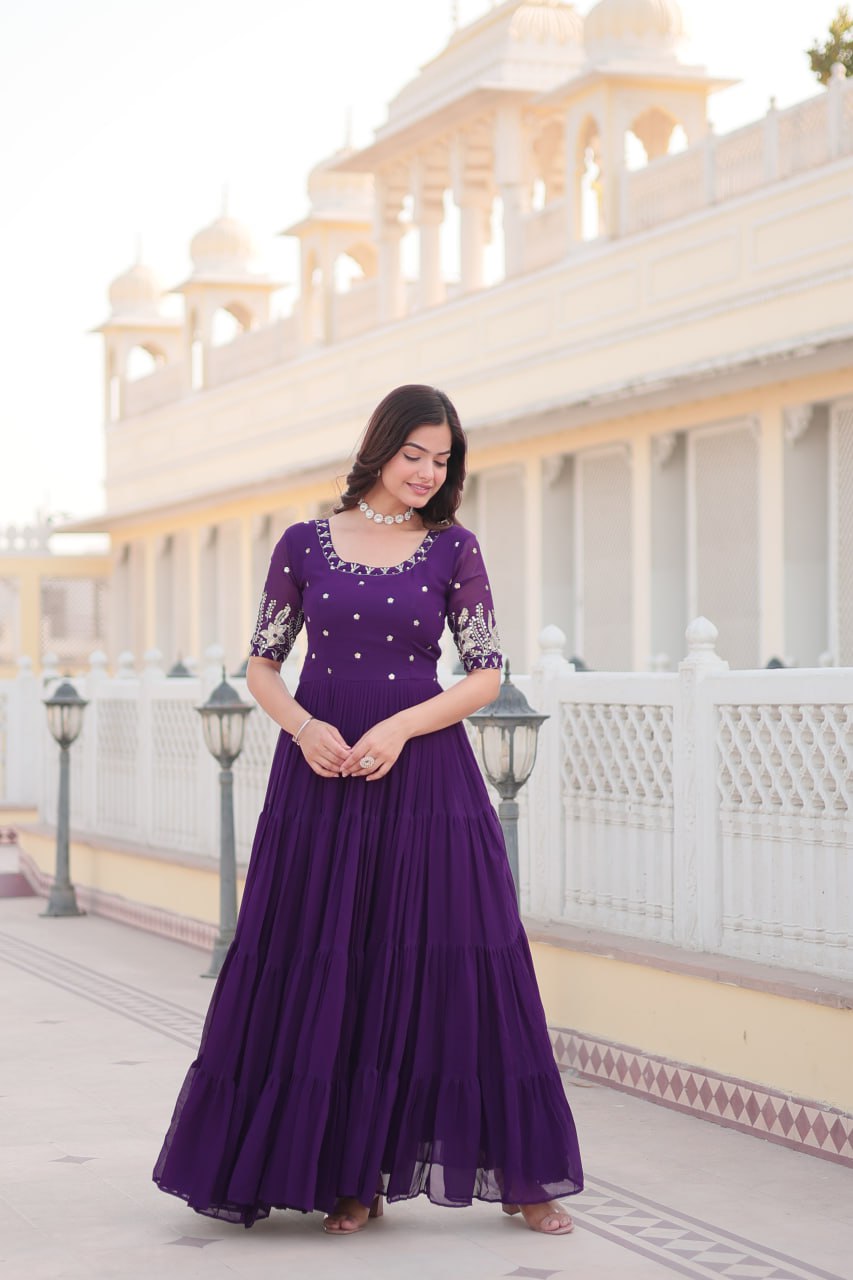 Beguiling Faux Georgette Zari Sequins Worked Designer Gown - Ethnicwish