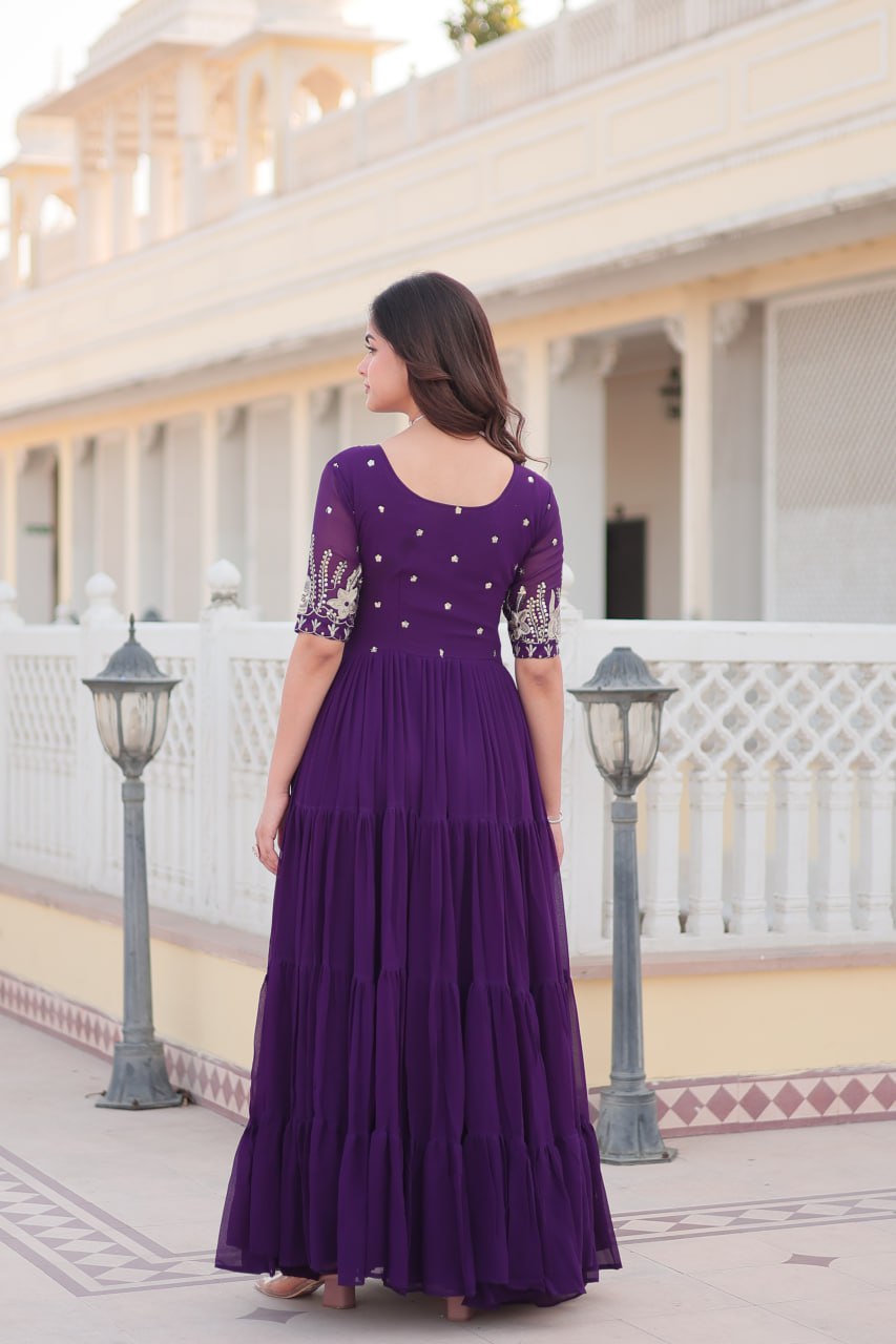 Beguiling Faux Georgette Zari Sequins Worked Designer Gown - Ethnicwish